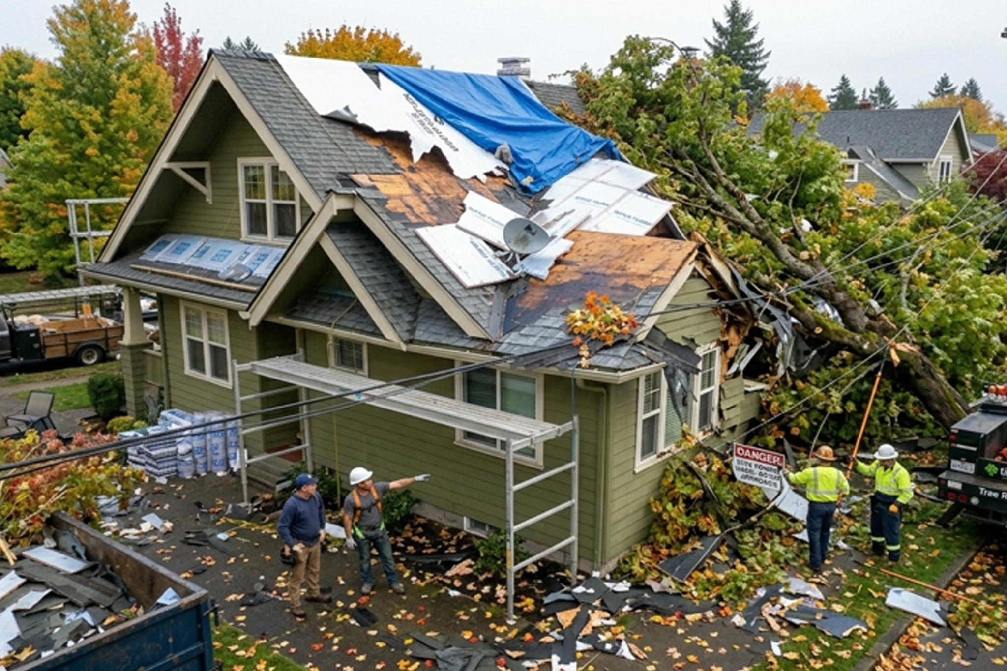 Emergency roof repair crew addressing storm damage on residential home.