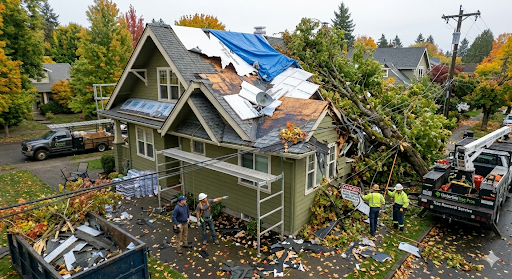 Emergency roof repair crew addressing storm damage on residential home. 