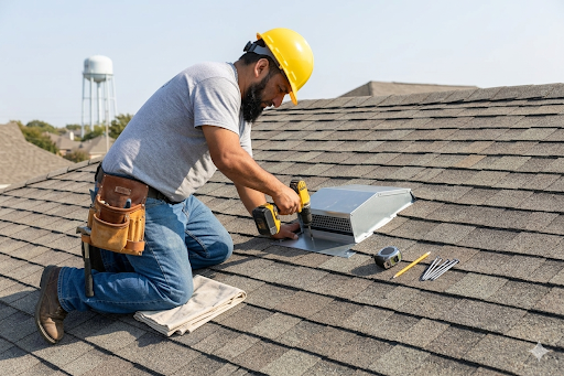 Roofer installing durable ventilation system on residential roof for climate protection. 