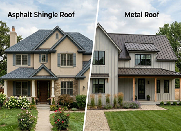 Side-by-side comparison of an asphalt shingle roof and a metal roof