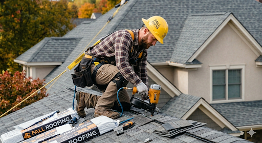Roofer installing asphalt shingles during fall in Wichita Falls, TX