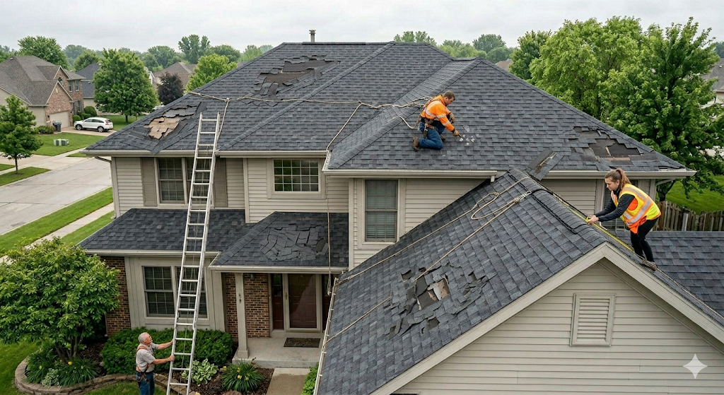 Roofing contractors inspecting a residential asphalt shingle roof after a storm