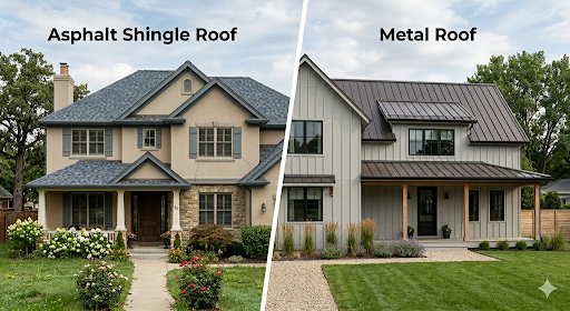 Side-by-side comparison of an asphalt shingle roof and a metal roof