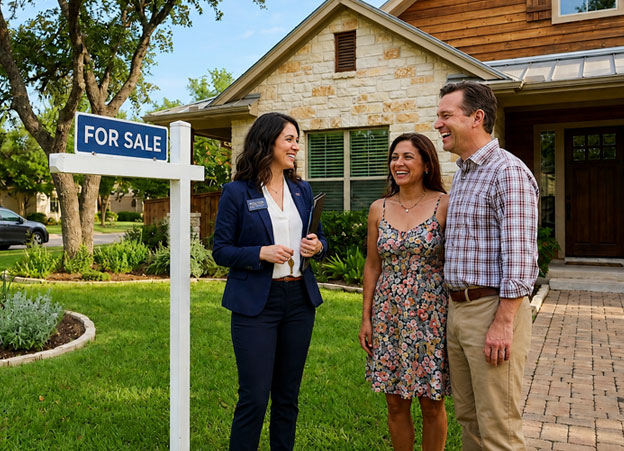 Homeowners preparing an Amarillo house for sale with agent outside