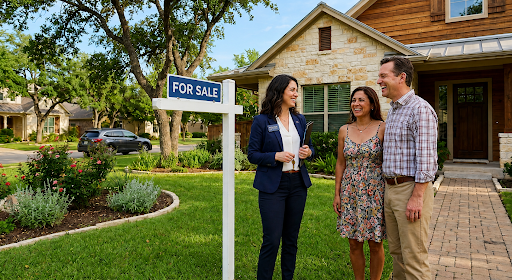Homeowners preparing an Amarillo house for sale with agent outside