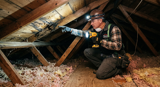Roofing contractor inspecting attic decking for signs of roof damage