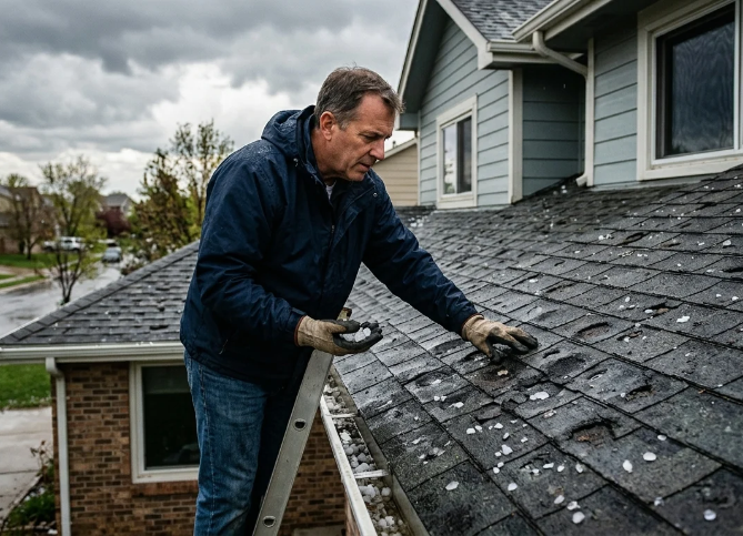 Man inspecting hail-damaged shingles on a roof from a ladder