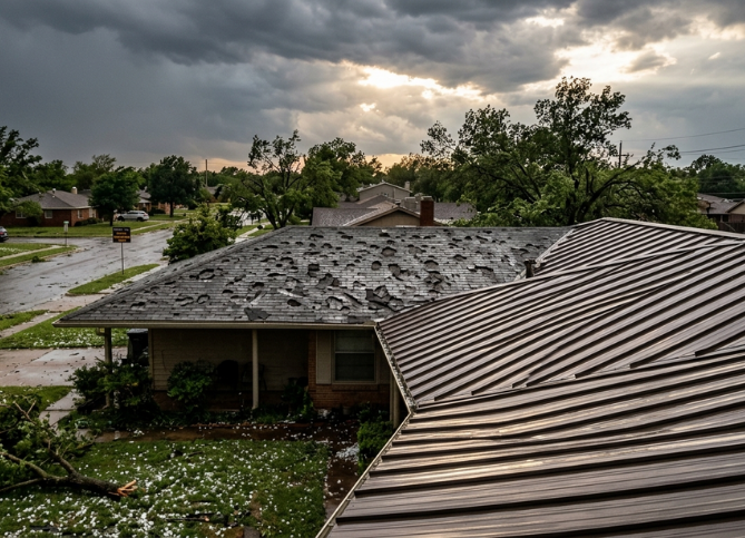 Neighborhood roofs showing hail damage after a storm