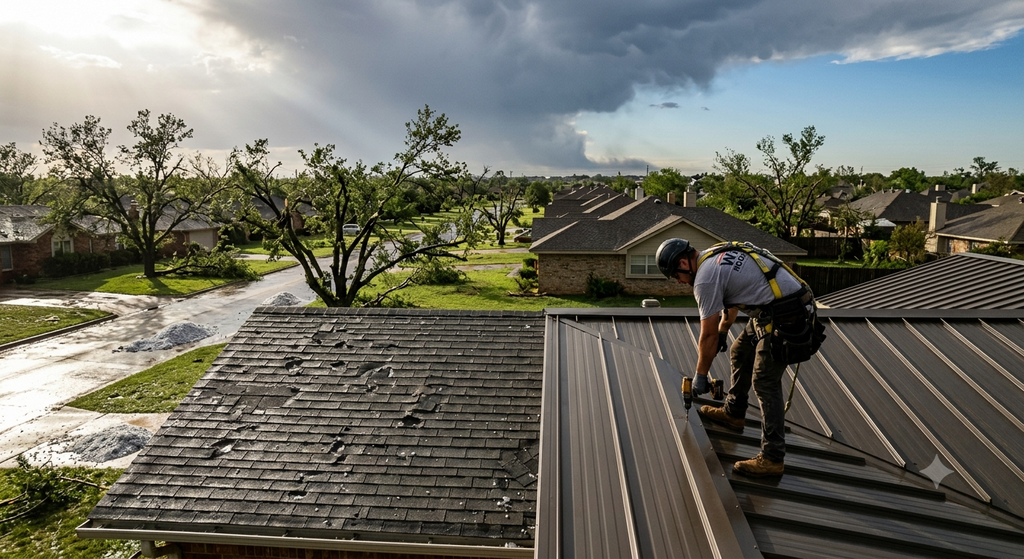 Roofer installing metal roofing panels next to a hail-damaged shingle roof